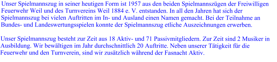 Unser Spielmannszug in seiner heutigen Form ist 1957 aus den beiden Spielmannszügen der Freiwilligen Feuerwehr Weil und des Turnvereins Weil 1884 e. V. entstanden. In all den Jahren hat sich der Spielmannszug bei vielen Auftritten im In- und Ausland einen Namen gemacht. Bei der Teilnahme an Bundes- und Landeswertungsspielen konnte der Spielmannszug etliche Auszeichnungen erwerben.   Unser Spielmannszug besteht zur Zeit aus 18 Aktiv- und 71 Passivmitgliedern. Zur Zeit sind 2 Musiker in Ausbildung. Wir bewältigen im Jahr durchschnittlich 20 Auftritte. Neben unserer Tätigkeit für die Feuerwehr und den Turnverein, sind wir zusätzlich während der Fasnacht Aktiv.